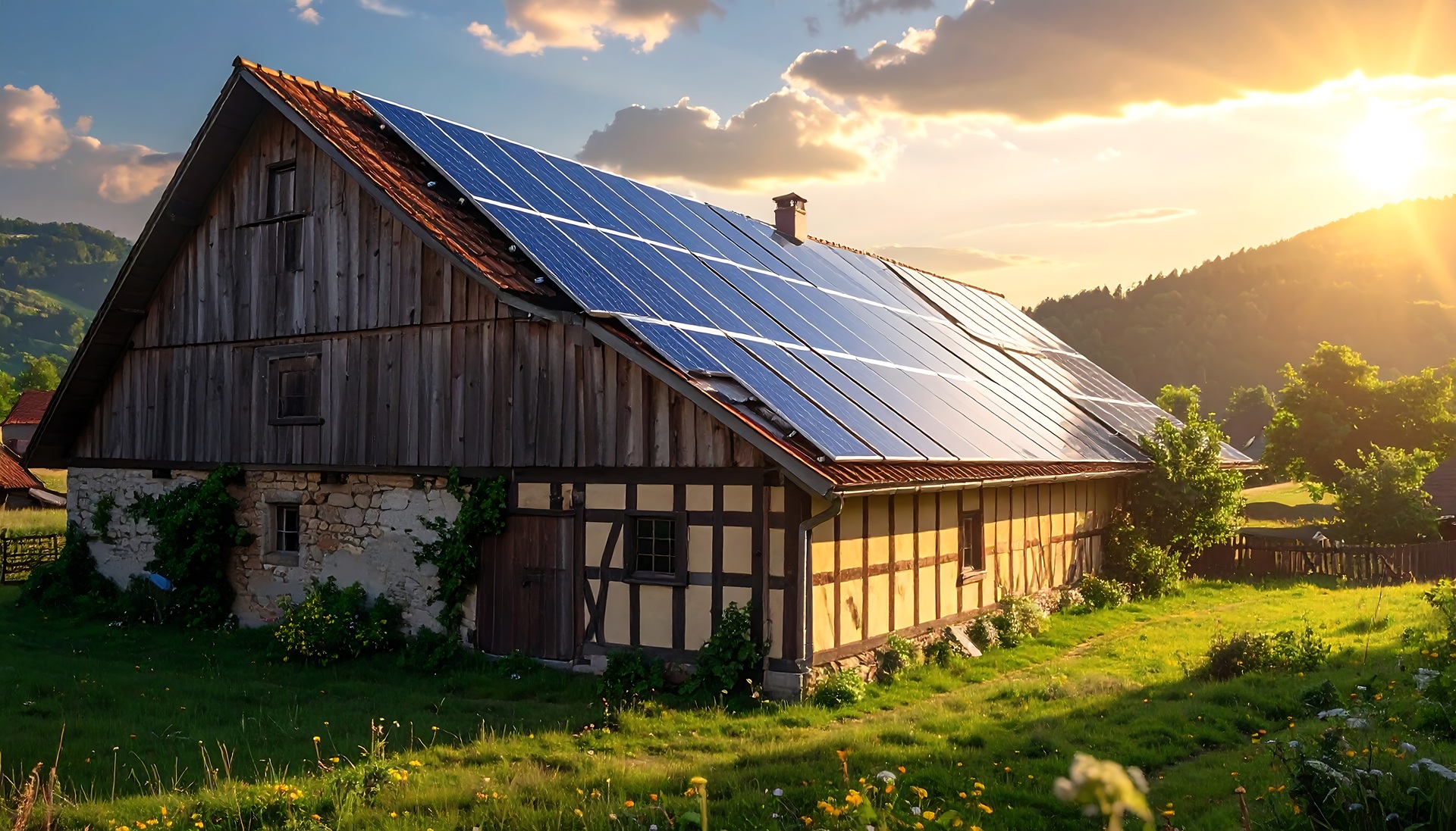 Bauernhaus mit großer Solaranlage im warmen Abendlicht | Arbeitsbühne mieten Oberhausen