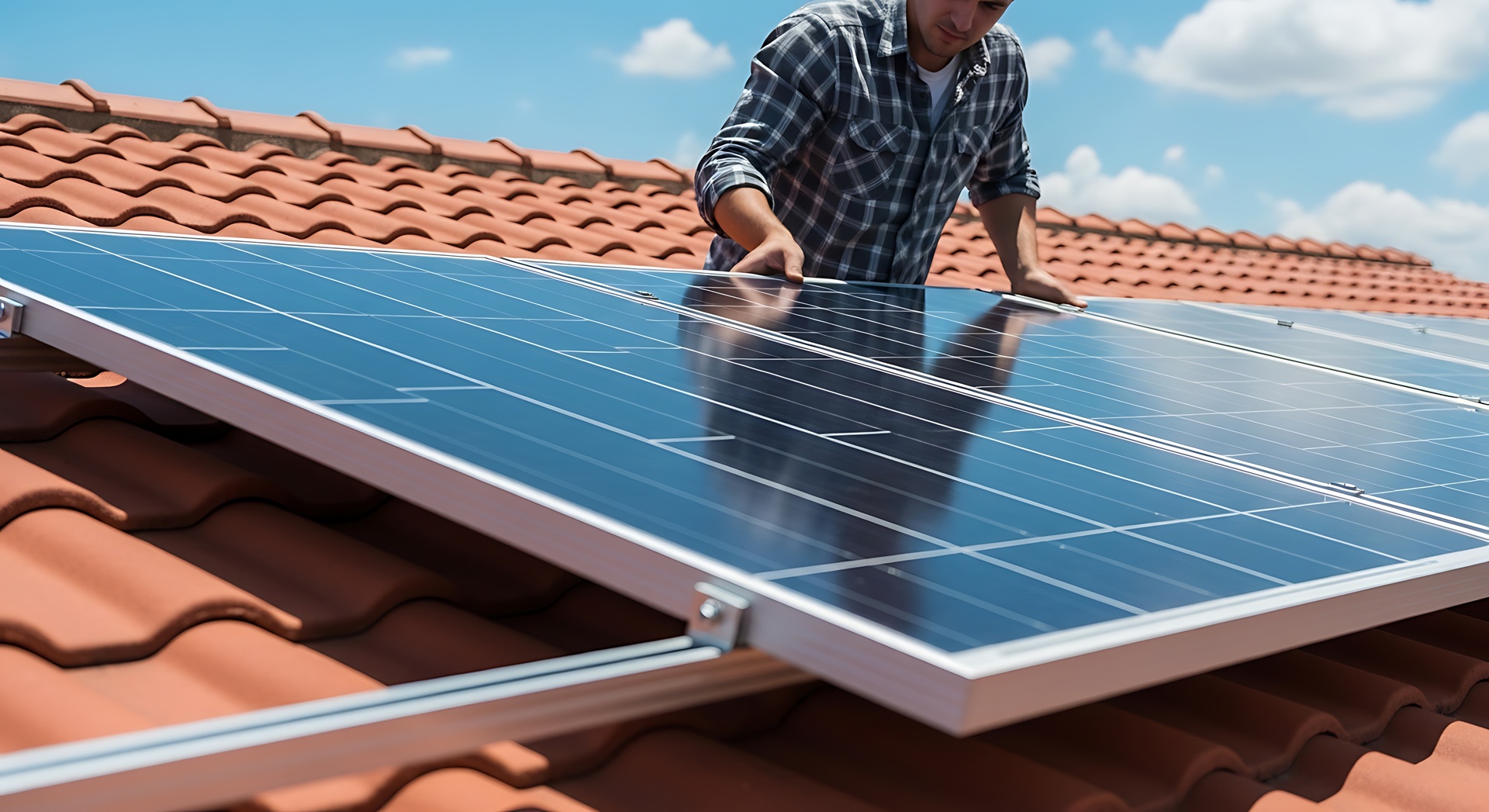 Handwerker montiert Solarpaneele auf Ziegeldach bei Sonnenschein | Arbeitsbühne mieten Oberhausen